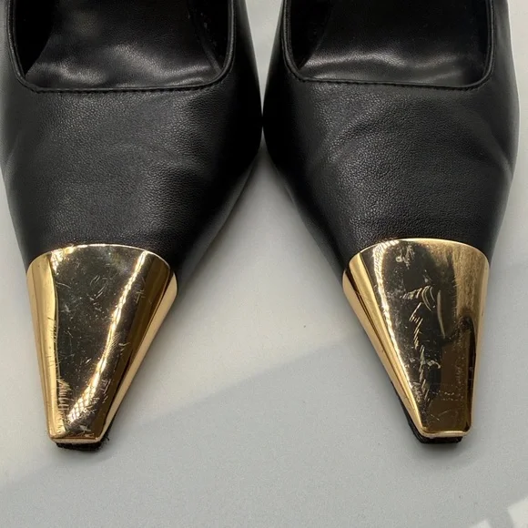 Black Slingback Heels Gold Metal Pointed Toe Stiletto Pumps Size 9 - Picture 11 of 11